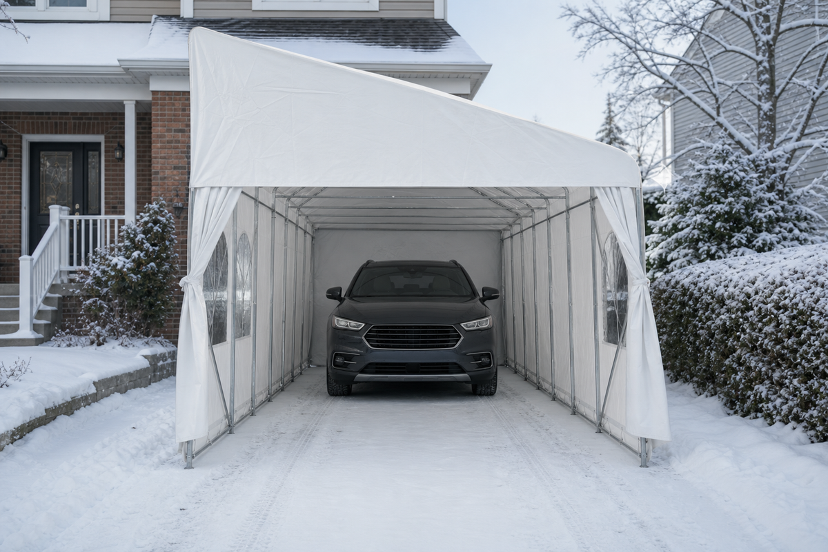 Abri simple monopente blanc avec un VUS dans une entrée enneigée.