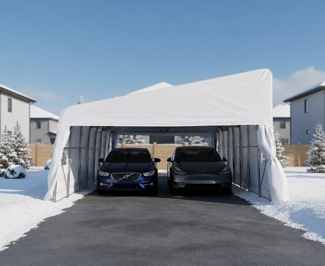 Illustration d’un abri d’auto double dans une entrée enneigée