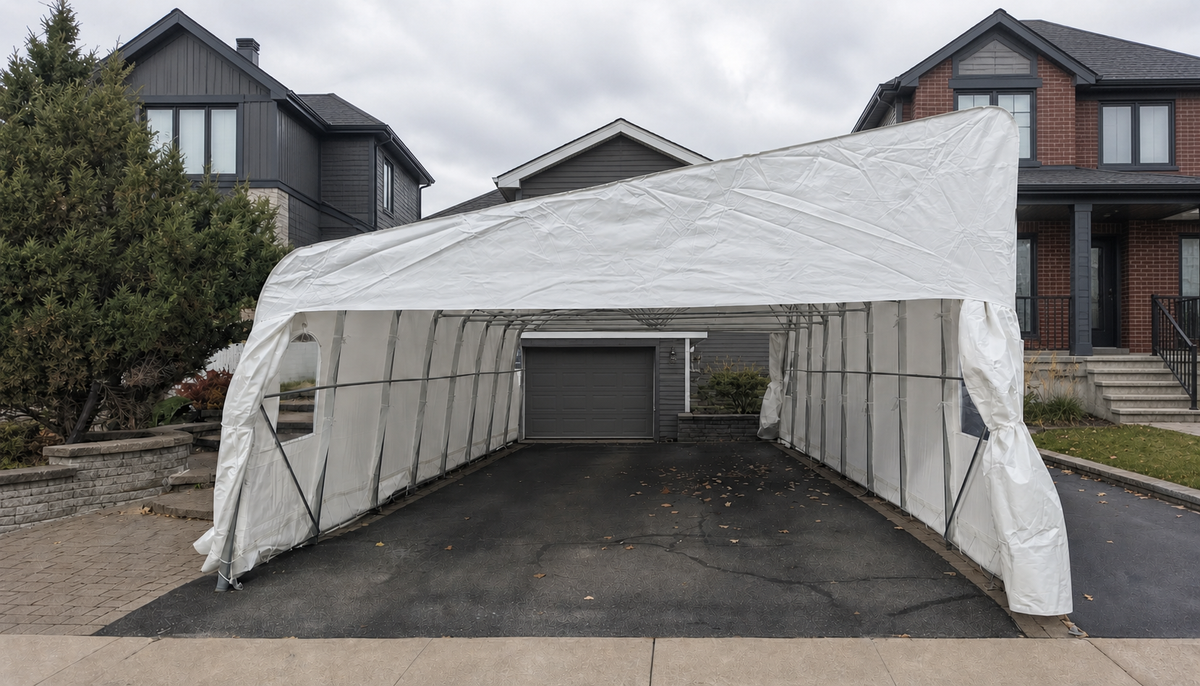 Abri double monopente blanc vu de face, ouvert et sans véhicule devant un garage.