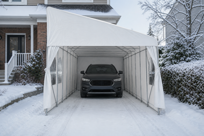 Abri simple monopente blanc avec un VUS dans une entrée enneigée.