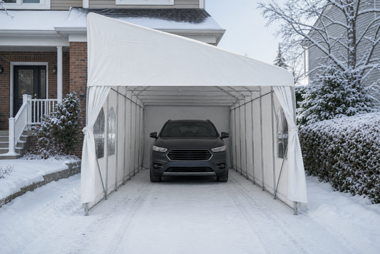 Abri simple monopente blanc avec un VUS dans une entrée enneigée.